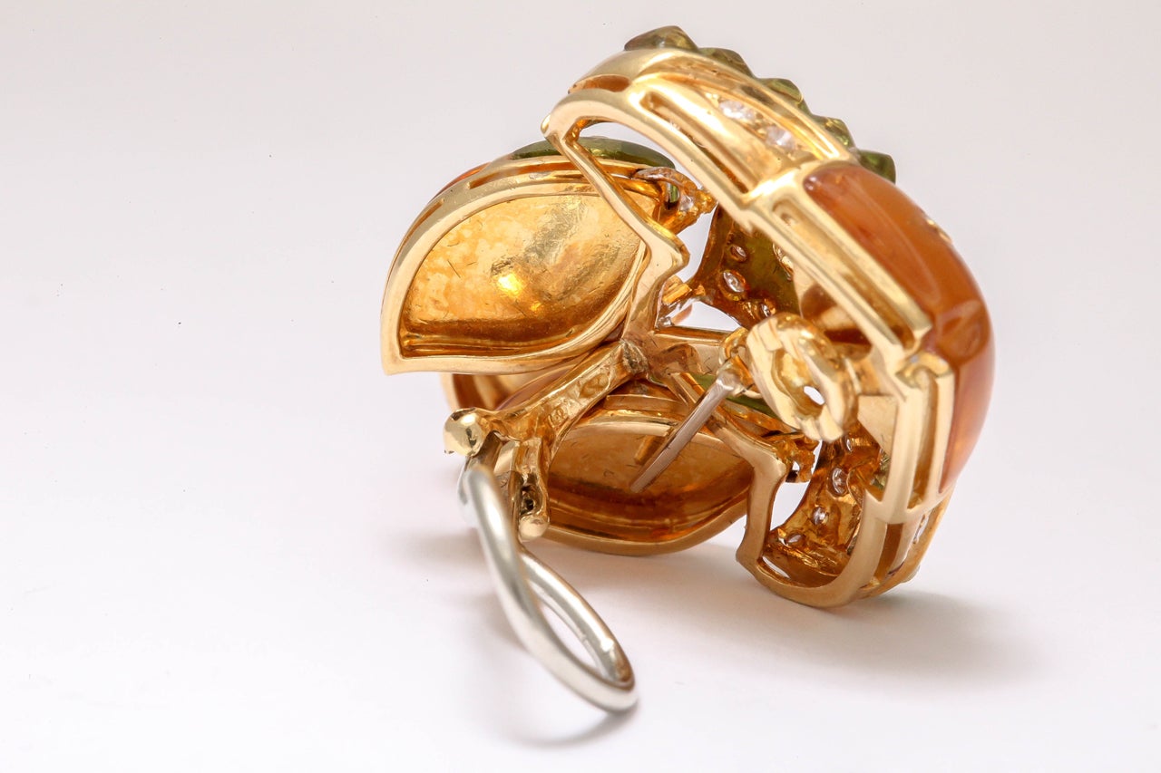 Women's Citrine Peridot Diamond Gold Fish Shaped Earrings